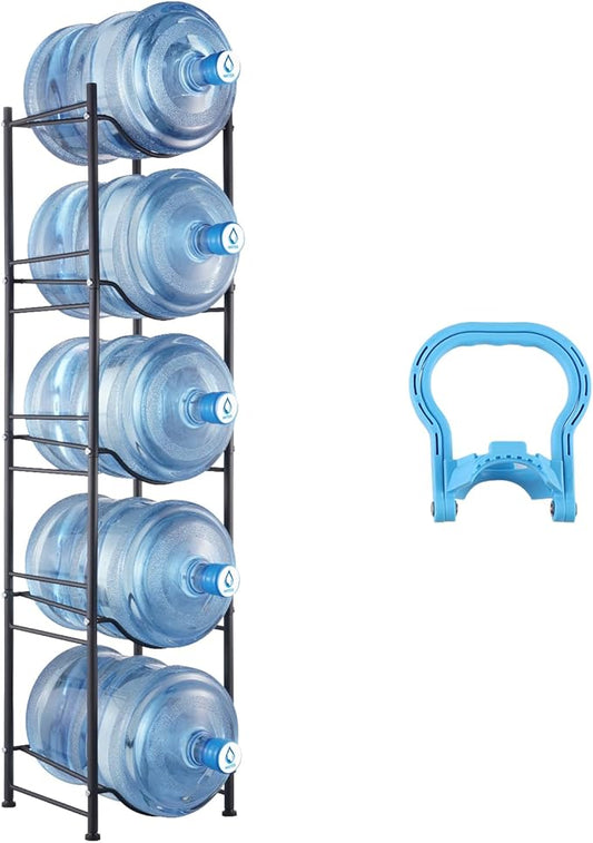 VEVOR 5 Tiers Water Jug Holder, 5 Gallon Water Bottle Holder, Single Row Water Bottle Rack for 5 Bottles, Heavy Duty Water Jug Rack for Kitchen, Office, Living Room, Black