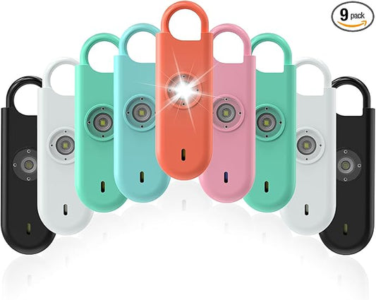 140dB Personal Safety Alarm for Women, 9 Pack Safe Alarm Protection Keychain with Strobe Light & Low Battery Notice, Security Siren Self Defense for Kids Seniors College Girls