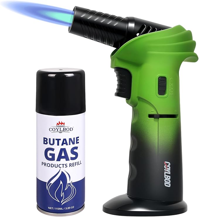 Butane Torch Lighter with Butane Included, 115Ml Butane Refill, 0-90°Rotating Angle Kitchen Torch, Refillable Creme Brulee Torch with Safety Lock, Adjustable Flame for Soldering, Cooking