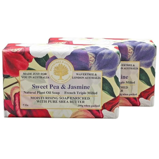Wavertree & London Sweet Pea & Jasmine Scented Natural Soap (2 Bars), 7oz Moisturizing French Triple Milled Soap Bars enriched with shea butter - Pure Plant Based Bath & Body Bars for All Skin Types