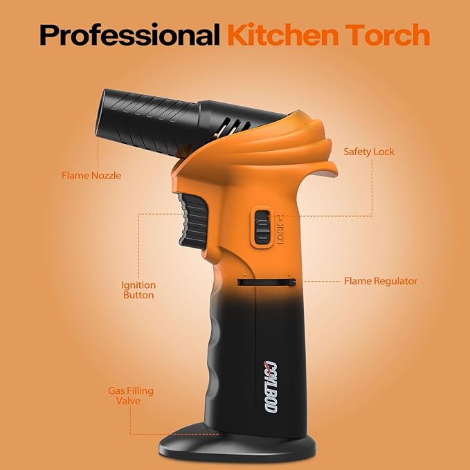 Butane Torch Lighter, 0-90°Rotating Angle Butane Lighter, Refillable Kitchen Torch with Safety Lock, Adjustable Flame for Soldering (Orange and Black)