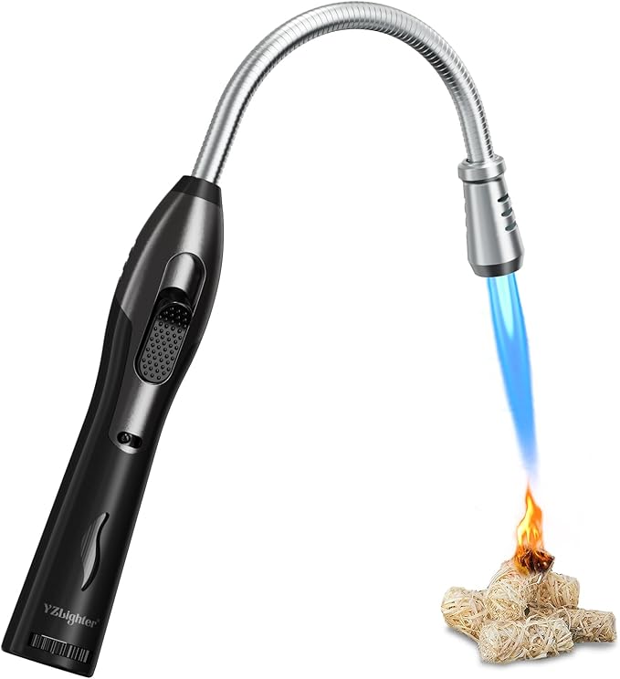 Butane Lighter Torch Long Lighter for Grill Fireplace, Refillable Lighter Windproof with Visual Fuel Window Flexible Extra Long Torch Lighter for Camping BBQ Candles (No Butane Included)