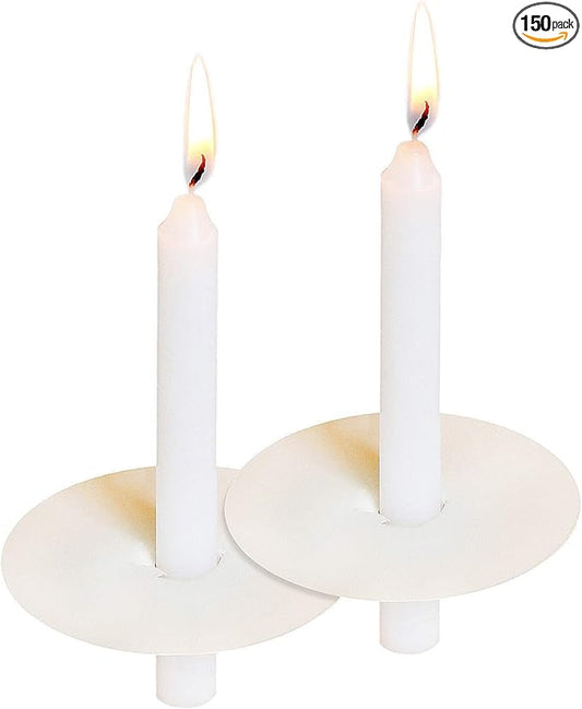 150 Church Candles with Drip Protectors for Devotional Candlelight Vigil Service, Box of 150 Candles, Unscented White 5" H X 1/2" D, No Smoke