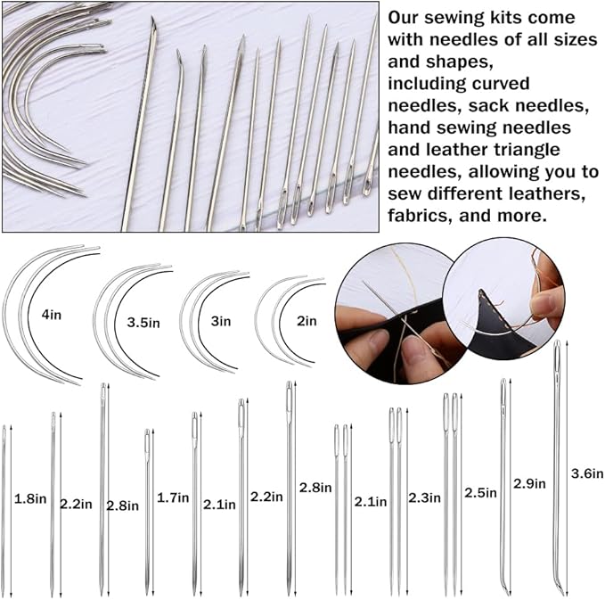 Yizzvb 46 Pcs Leather Stitching Sewing Kit,Sewing Tools Kit with 4mm Lacing Stitching Chisel, Waxed Thread and Large-Eye Needles for Leather Craft Projects DIY Sewing Work