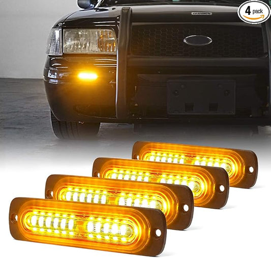 Xprite Amber 12 LED Emergency Strobe Lights Kit Surface Flush Mount Side Marker Grill Grille Hazard Warning Flashing Light Head for Off-Road Vehicles ATV Trucks Cars - 4Pcs