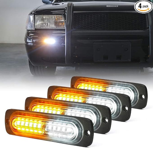 Xprite Amber/White 12 LED Emergency Strobe Lights Kit Surface Flush Mount Side Marker Grill Grille Hazard Warning Flashing Light Head for Off-Road Vehicles ATV Trucks Cars - 4Pcs