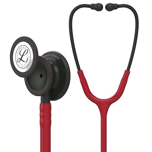 3M Littmann Classic III Monitoring Stethoscope, 5868, More Than 2X as Loud, Weighs Less, Stainless Steel Black-Finish Chestpiece, 27" Burgundy Tube, Black Stem and Headset