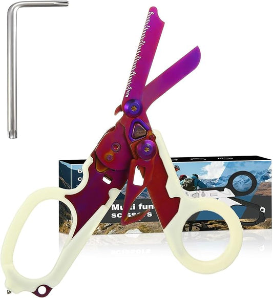 6 in 1 trauma shears, folding emergency shear, Outdoor Camping Tools, Seat Belt Cutter, Oxygen Cylinder Wrench, Complimentary Adjustable Wrench (Luminous Purple)