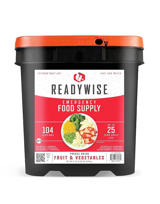 ReadyWise Emergency Food Supply - 104 Servings Freeze Dried Fruit and Vegetables Bucket, Protein Meals, Camping Essentials for Survival Food, Disaster Prepping Supplies, up to 25 Year Shelf Life