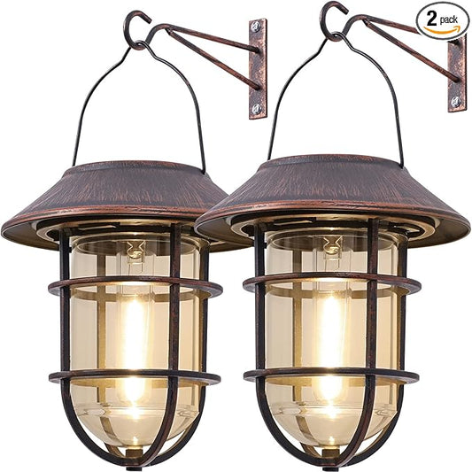 Upgrade Hanging Solar Outdoor Lights With Wall Mount Kit - Waterproof Lanterns for Garden, Patio, Porch, Fence Decor - 2 Pack, Bronze