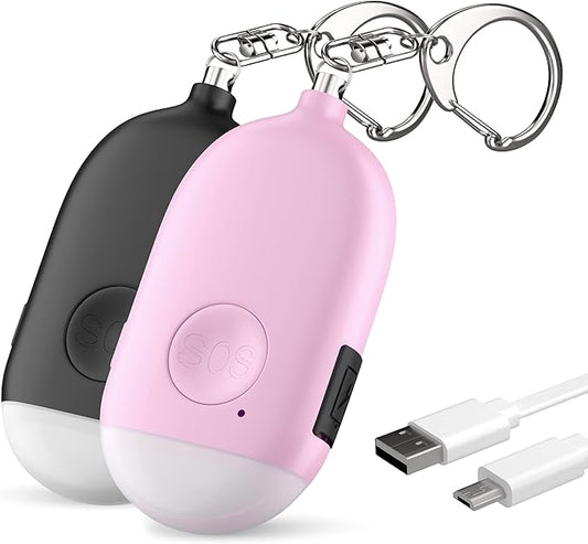 WETEN Personal Alarm Keychain for Women Self Defense - 2 Pack USB Rechargeable 130 dB Loud Safety Siren Whistle with LED Light – Panic Button or Pull Pin Alert Device Key Chain (Black&Pink)
