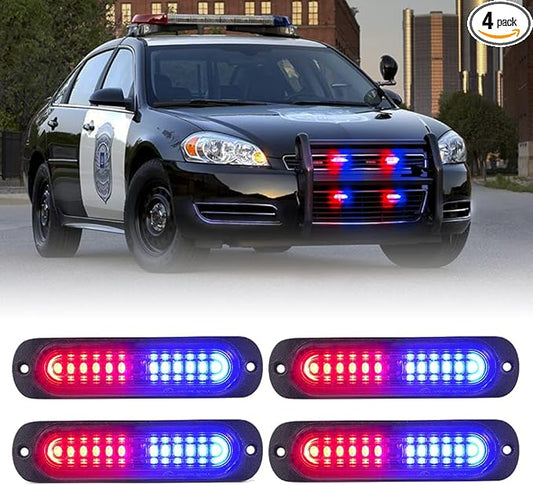 Xprite Red Blue LED Emergency Strobe Lights Kit, Surface Flush Mount Grill Grille Hazard Warning Safty Flashing Police Light for Volunteer Vehicles Off-Road Trucks Cars SUV ATV UTV Motorcycle - 4PCS