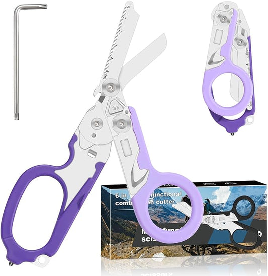 6-in-1 Heavy-Duty Emergency,trauma shears, Folding Retractable Emergency Shears, Outdoor Camping Tools, Seat Belt Cutter, Oxygen Cylinder Wrench, Complimentary Adjustable Wrench (Purple)
