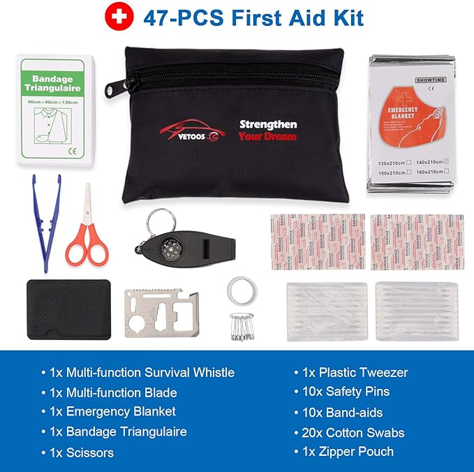 Vetoos Roadside Emergency Car Kit with Jumper Cables, Auto Vehicle Safety Road Side Assistance Kit Essentials, Winter Car Kit for Women and Men, with Repair Tool Set, Dial Tire Pressure Gauge