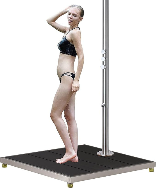 33 * 30" Plastic Wood with Stainless Steel Frame Dark Grey Outdoor Shower Stand Platform, Mount Outdoor Shower Without Using Concrete&Without Calling Plumber, Make Outdoor Shower Movable
