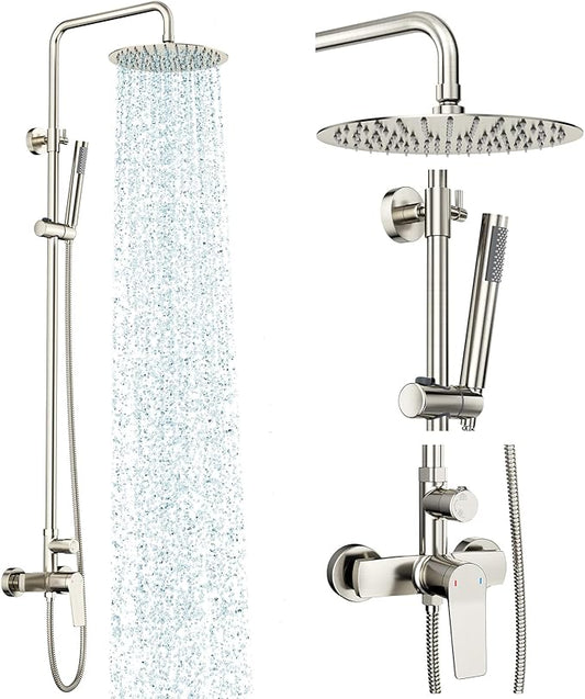 Rainsworth Outdoor Shower Kit Brushed Nickel - Single Handle Brass Valve, 10 Inch Rain Shower Head and Handheld Spray Shower Fixture Combo, SUS 304 Stainless Steel Wall-Mounted Faucet