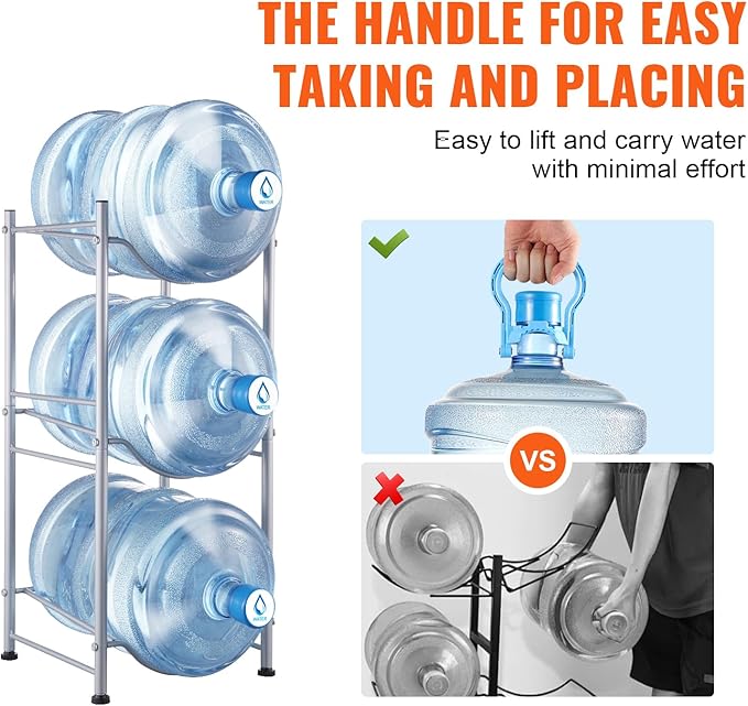 VEVOR 5 Gallon Water Jug Holder, 3 Tier Water Bottle Rack with 3 Slots, Detachable Stand for Kitchen, Office, Living Room - Silver