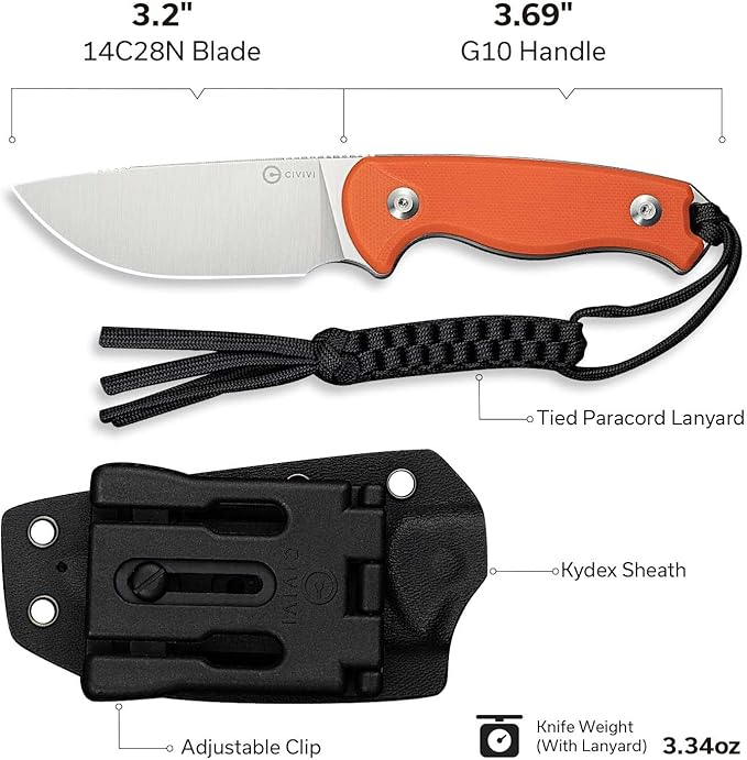 CIVIVI Timberbark Fixed Blade Knife with Kydex Sheath & Clip, 3.2" 14C28N Blade G10 Handle with Lanyard, Ideal EDC Hunting Knife for Outdoor Adventures Camping Hiking C23094-2, Orange