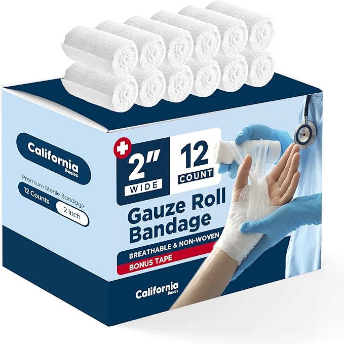 California Basics 12-Pack Gauze Bandage Roll with Tape, 2 Inches x 4 Yards - Soft, Stretchable & Breathable Wrap for Wound Care, First Aid & Medical Supplies - White
