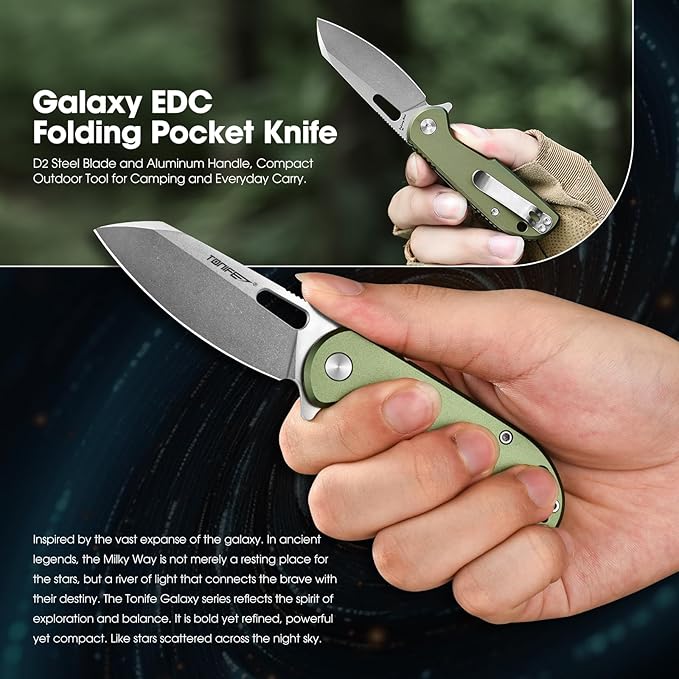 TONIFE Galaxy Mini Folding Knife with D2 Steel Blade and Aluminum Handle, EDC Pocket Tool for Camping, Hiking, and Survival (green)