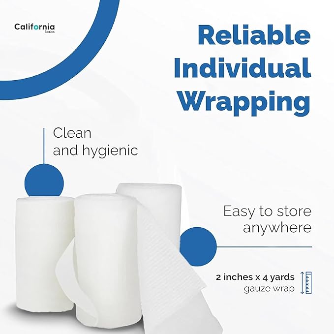 California Basics 12-Pack Gauze Bandage Roll with Tape, 2 Inches x 4 Yards - Soft, Stretchable & Breathable Wrap for Wound Care, First Aid & Medical Supplies - White