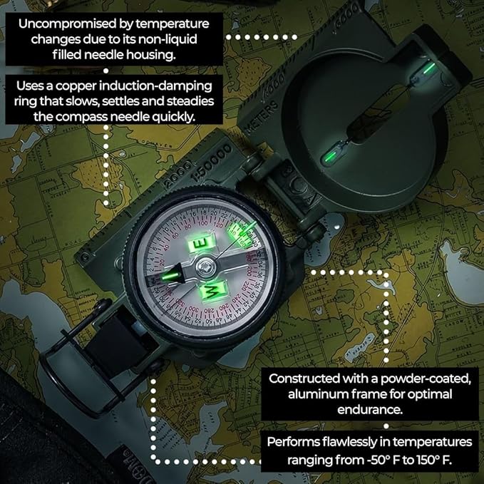 Cammenga Official US Military Tritium Lensatic Compass, Accurate Waterproof Hand Held Compasses with Pouch for Hiking Camping Navigation Survival Backpacking Orienteering