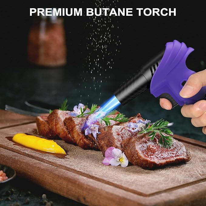 Butane Torch Lighter, 0-90°Rotating Angle Butane Lighter, Refillable Kitchen Torch with Safety Lock, Adjustable Flame for Soldering (Purple and Black)