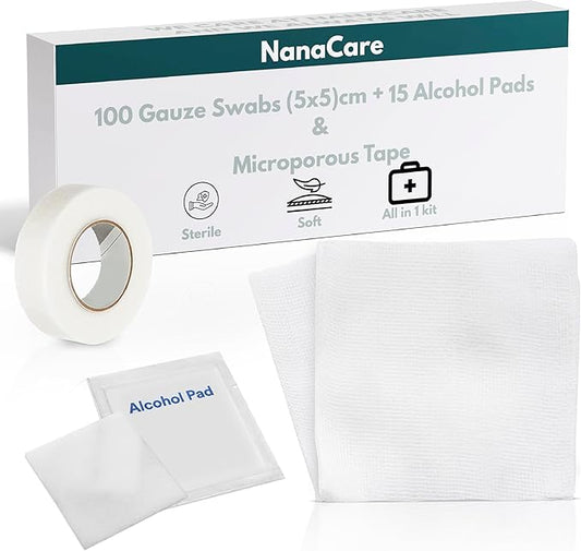 100 pc Large Gauze Pads Sterile for Wounds Bulk 2x2 | Includes 15 Alcohol Wipes & 1 Medical Tape | Non Stick Gauze Pads Sponges | Breathable Mesh First Aid Medical Supplies for Wound Care