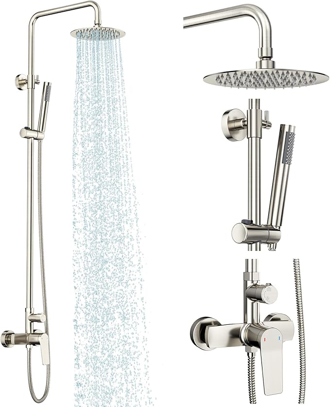 Rainsworth Outdoor Shower Kit Brushed Nickel - Single Handle Brass Valve, 8 Inch Rain Shower Head and Handheld Spray Shower Fixture Combo, SUS 304 Stainless Steel Wall-Mounted Faucet