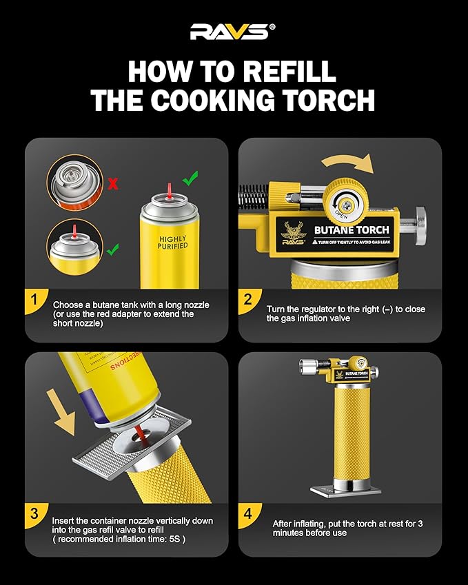 RAVS 2 Flame Mode Butane Torch Lighter, Refillable Kitchen Torch with Adjustable Flame and Safety Buckle, Yellow Jewelry Torch for Welding, Resin Art, Industrial, Butane Fuel not Include