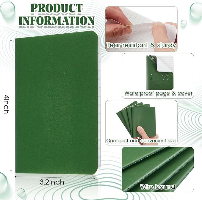 12 Pcs Waterproof Pocket Notebook 3.2" x 4" Field Notebook Green All Weather Notepad Small Rain Waterproof Notepad for Memo Travel Outdoor Tactical Activities Write, 32 Sheet, 64 Page