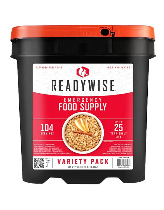 ReadyWise Emergency Food Supply - 104 Servings Variety Pack Bucket, Protein Meals, Dehydrated & Freeze Dried Food for Backpacking, Camping Essentials & Prepping Supplies, up to 25 Year Shelf Life