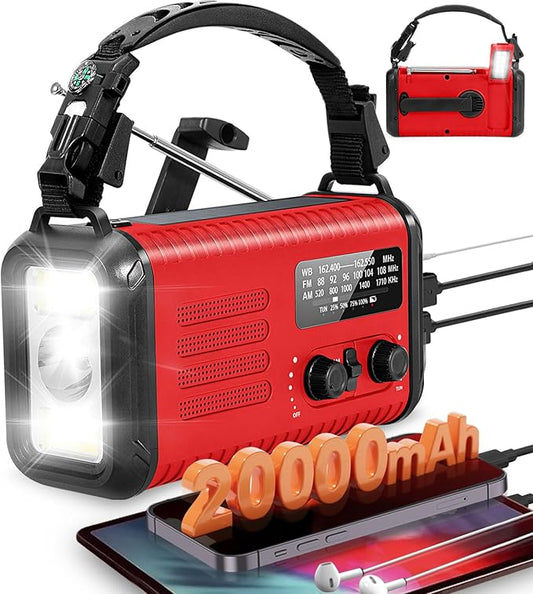 20000mAh/74000mWh Emergency Hand Crank Radio, NOAA Weather Radio with Am Fm NOAA, Solar Battery Operated Radios with Flashlight Cell Phone Charger, SOS Alarm, Compass &Reading lamp (Red)