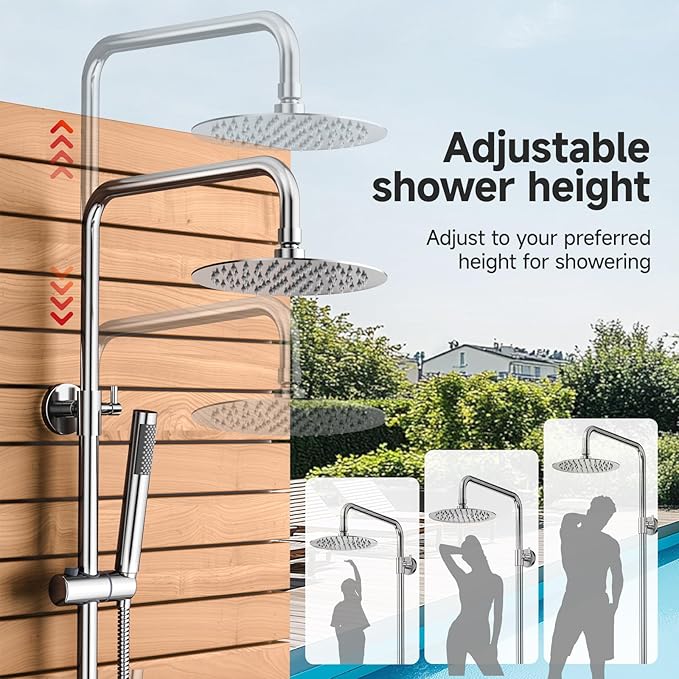 Rainsworth Outdoor Shower Kit Chrom - Single Handle Brass Valve, 8 Inch Rain Shower Head and Handheld Spray Shower Fixture Combo, SUS 304 Stainless Steel Wall-Mounted Faucet