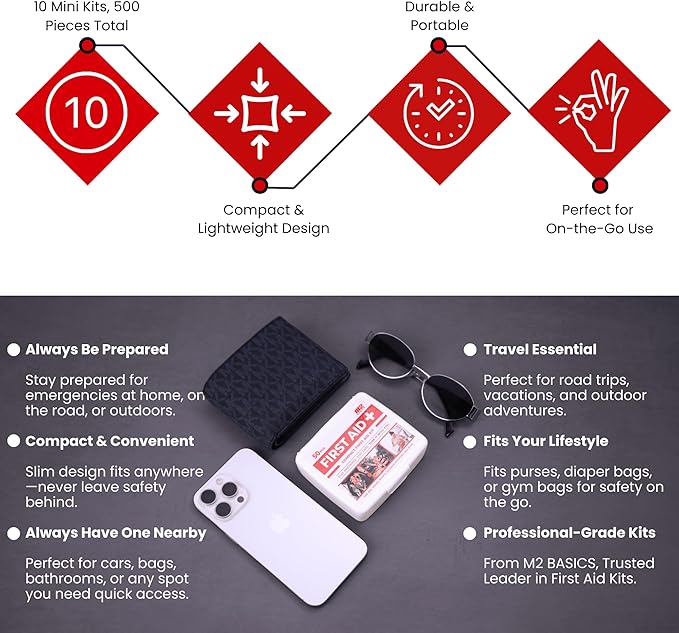 Bulk 10-Pack Mini First Aid Kit Bundle (500 Pieces Total, 50 Pieces Per Kit) – M2 BASICS First Aid Kits for Car, Vehicles, Travel, Home, Charity, Donations – Compact Emergency Medical Supplies