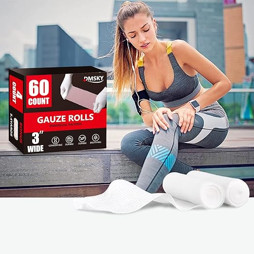 60 Pack Gauze Rolls, 3 in x 4.1 Yards, Individually Wrapped Breathable Rolled Gauze, Premium First Aid Supplies & Medical Supplies for Wounds