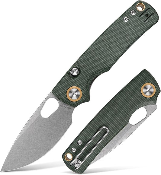 Vosteed EDC Knife, 2.99" 14C28N Steel Wider Blade, Green Micarta Handle Top Liner Lock, Folding Pocket Knives with Clip for Men & Women, Survival Camping - Porcupine A2603