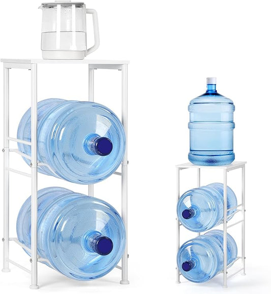 5 Gallon Water Jug Holder Water Dispenser Stand with Top Shelf, 5 Gal Water Bottle Holder with 2 Slots Round Metal Frame for Kitchen, Dining Room, Office, White