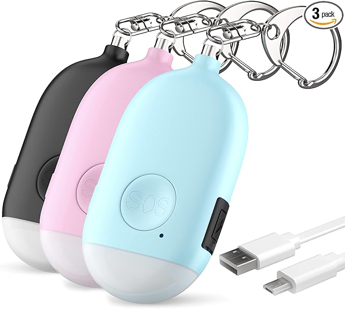 WETEN Personal Safety Alarm for Women – 3 Pack Rechargeable Self Defense Keychain Siren Ring with LED Light – 130 dB Emergency Sos Alert Key Chain Device (Black&Pink&Blue)