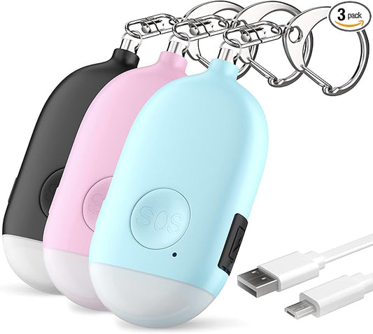 WETEN Personal Safety Alarm for Women – 3 Pack Rechargeable Self Defense Keychain Siren Ring with LED Light – 130 dB Emergency Sos Alert Key Chain Device (Black&Pink&Blue)