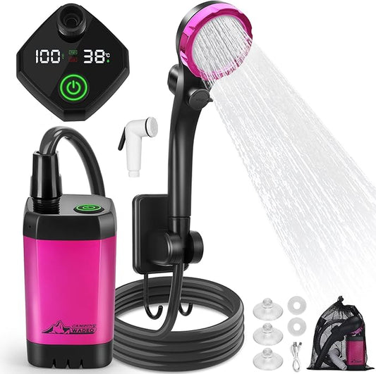 WADEO Portable Shower for Camping, 6000mAh Outdoor Electric Shower Rechargeable Pump with Intelligent Digital Display, Camping Shower Head Nozzle for Camping, Hiking, Traveling, Washing