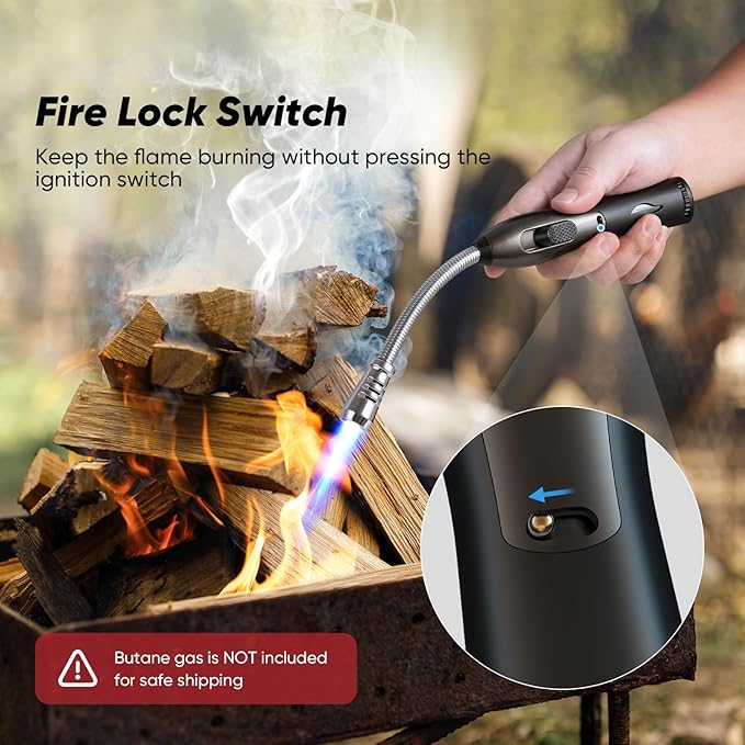 Butane Lighter Torch Long Lighter for Grill Fireplace, Refillable Lighter Windproof with Visual Fuel Window Flexible Extra Long Torch Lighter for Camping BBQ Candles (No Butane Included)