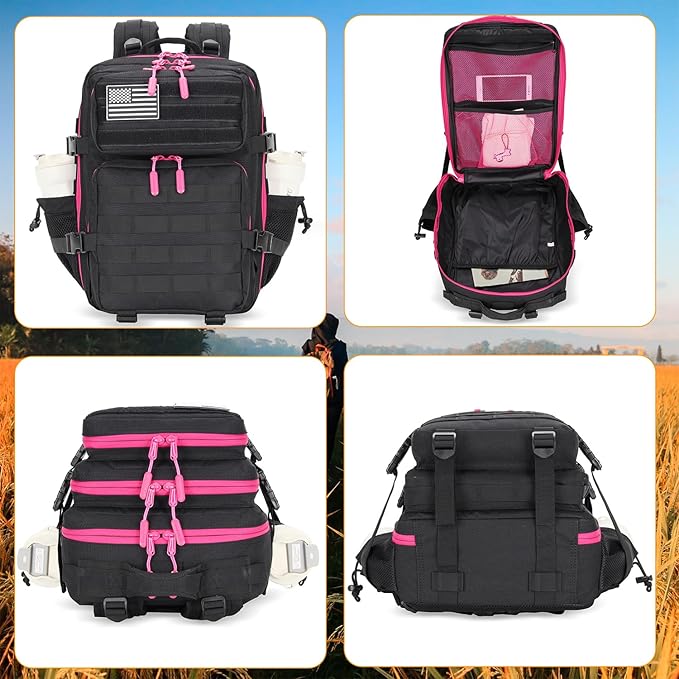 25L Tactical Military Backpack Small Travel Backpack for Men and Women Assault Pack Bug Out Bag Molle Daypack Gym Backpack with Bottle Holder (Black Neon Pink)