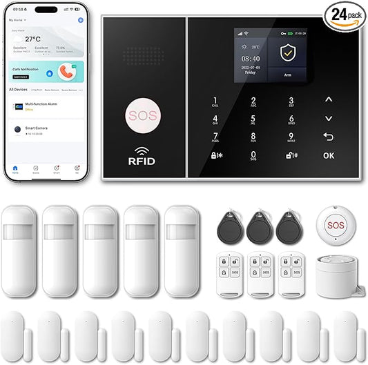 WiFi Home Alarm Security System,Wireless DIY Smart Home Burglar Security Alarm System 24 Pieces Kits, Compatible with Alexa Google Home Voice Control for Villa Home Apartment