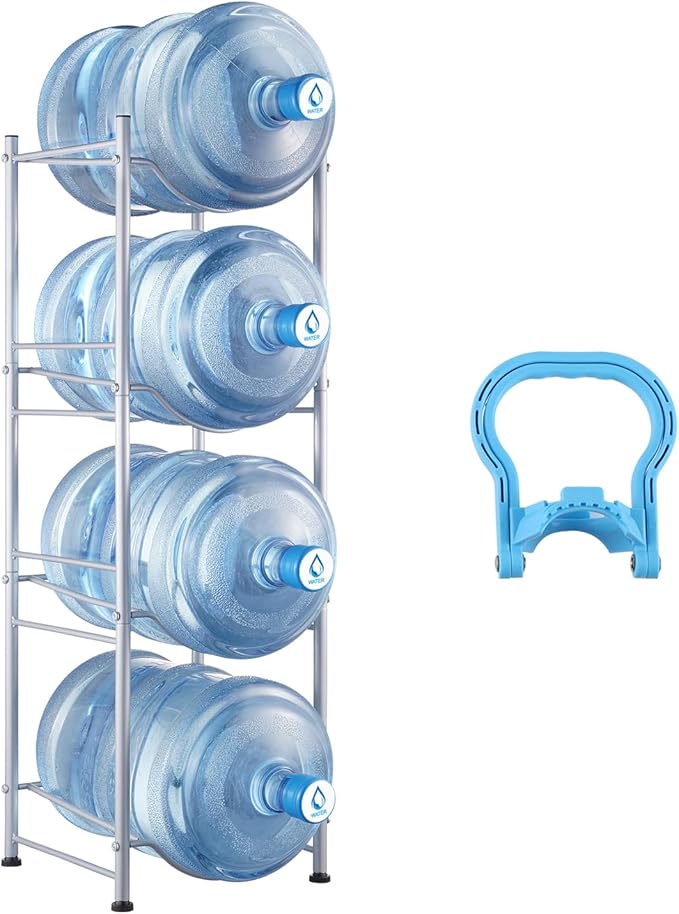 VEVOR 5 Gallon Water Jug Holder, 4 Tiers Water Bottle Holder, Heavy Duty Water Bottle Rack with 4 Slots, Detachable Water Jug Stand for Kitchen, Office, Living Room- Silver