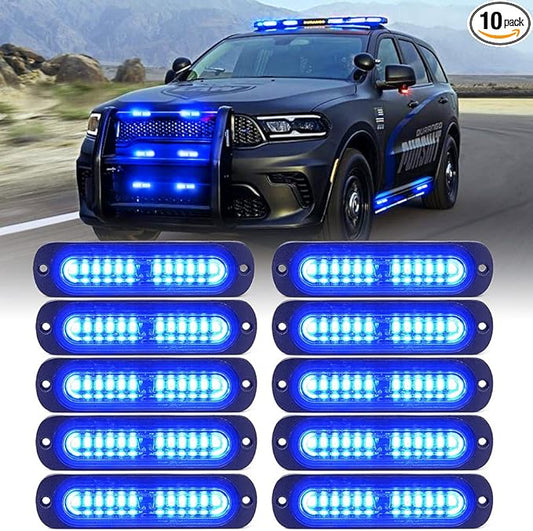 Xprite Blue LED Emergency Strobe Lights Kit for Vehicles - Flush Mount Grille Light, Surface Mount, High Visibility for Police, Fire, EMS, and Security Patrols - 10PCS