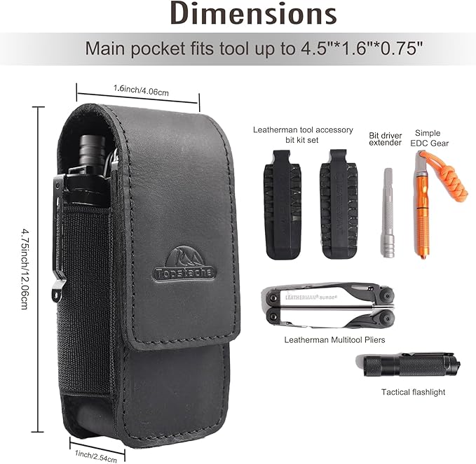 Topstache Leather Multitool Sheath for Belt - Multitool Holster for Belt - Leather Multitool Pouch Fits Folding Tool - Magnetic Closure EDC Belt Organizer - EDC Belt Pouch - Multitool Holder, Black