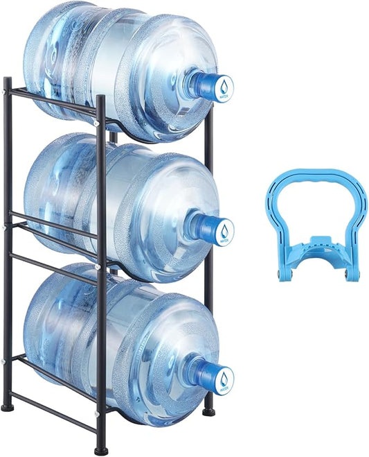 VEVOR 5 Gallon Water Jug Holder, 3 Tiers Water Bottle Holder, Heavy Duty Water Bottle Rack with 3 Slots, Detachable Water Jug Stand for Kitchen, Office, Living Room- Black