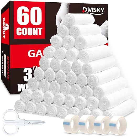 60 Pack Gauze Rolls, 3 in x 4.1 Yards, Individually Wrapped Breathable Rolled Gauze, Premium First Aid Supplies & Medical Supplies for Wounds