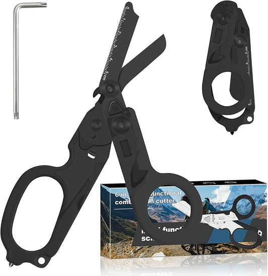 6 in 1 Multifunctional Combination Tool, Folding Retractable Emergency Shears, Outdoor Camping Tools, Seat Belt Cutter, Oxygen Cylinder Wrench, Complimentary Adjustable Wrench (Electroplating black)